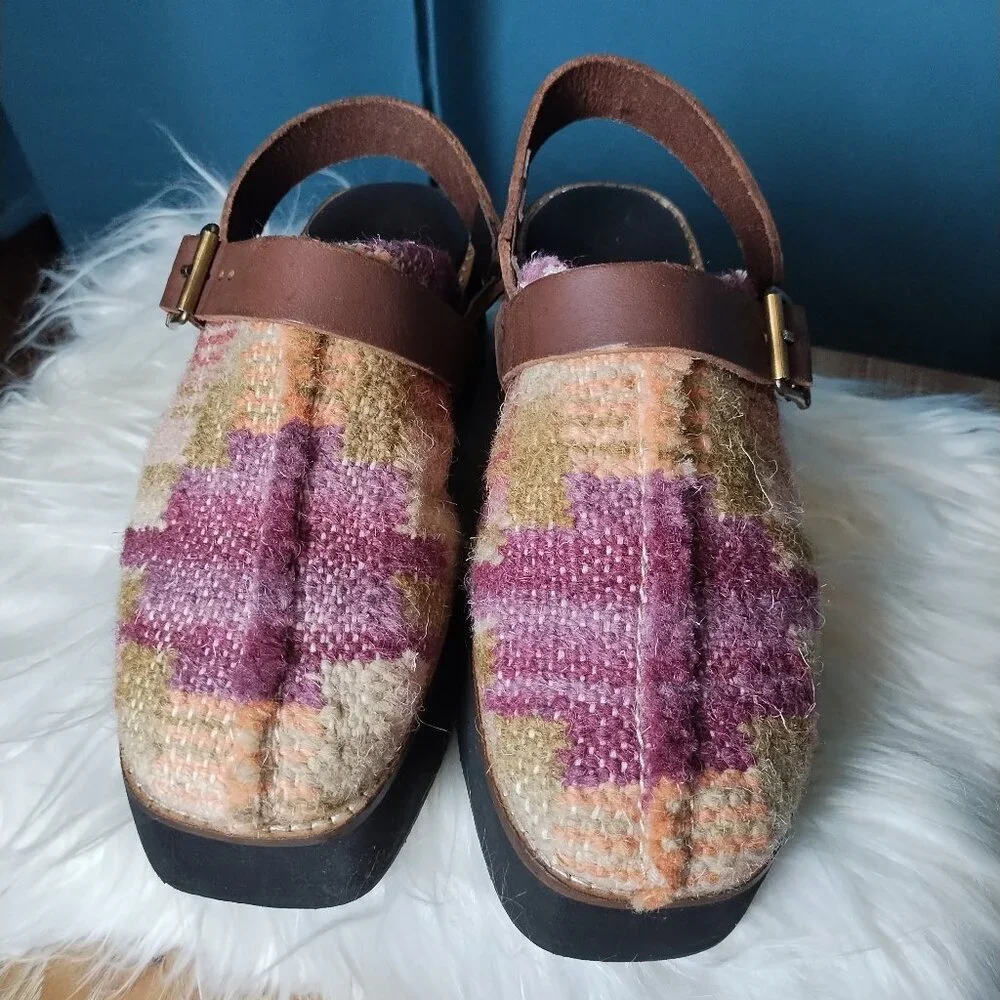 Free People Multicolor Wool-Textured Platform Clogs with Brown Strap